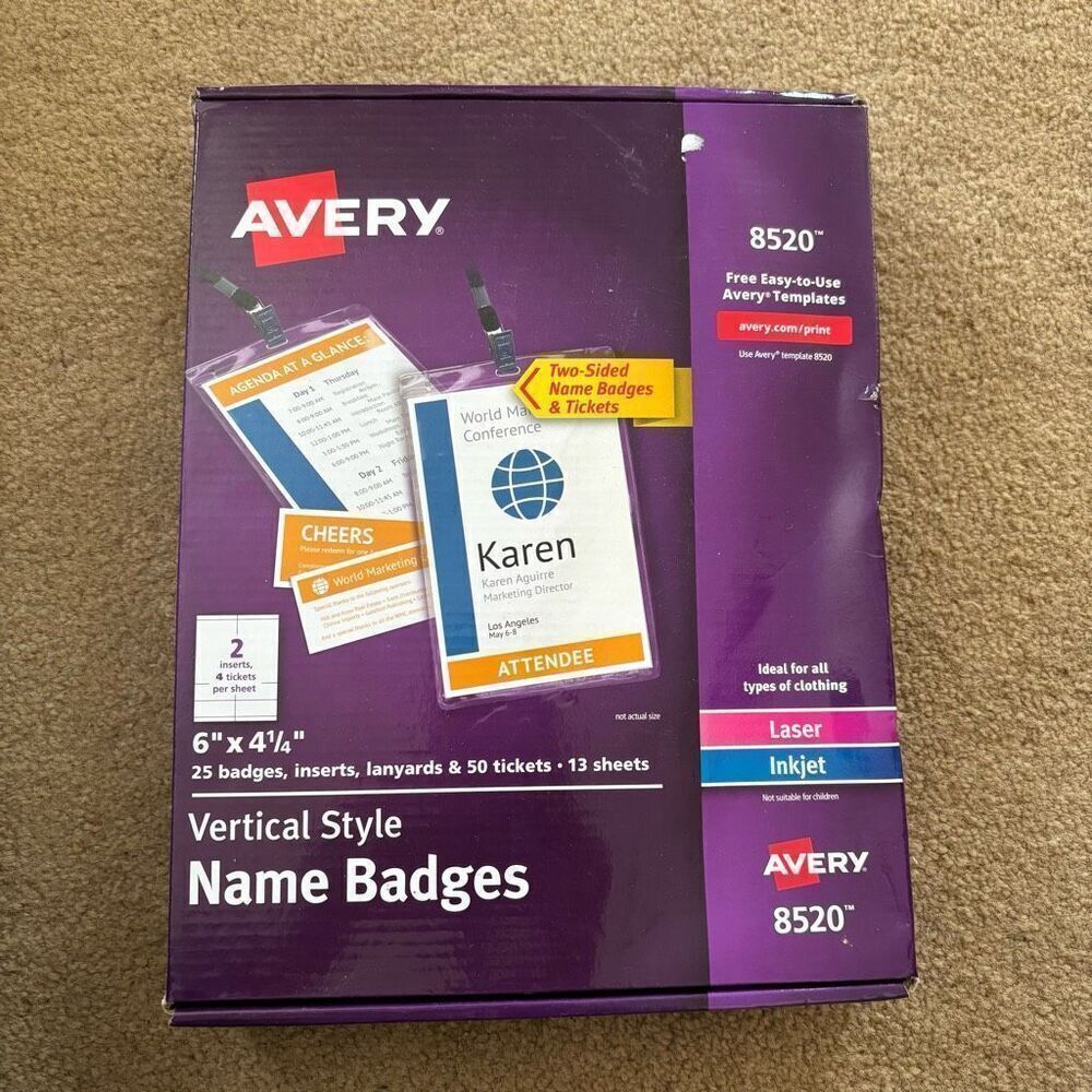 Avery 8520 6” x 4 1/4” Vertical Style Name Badges *Read*